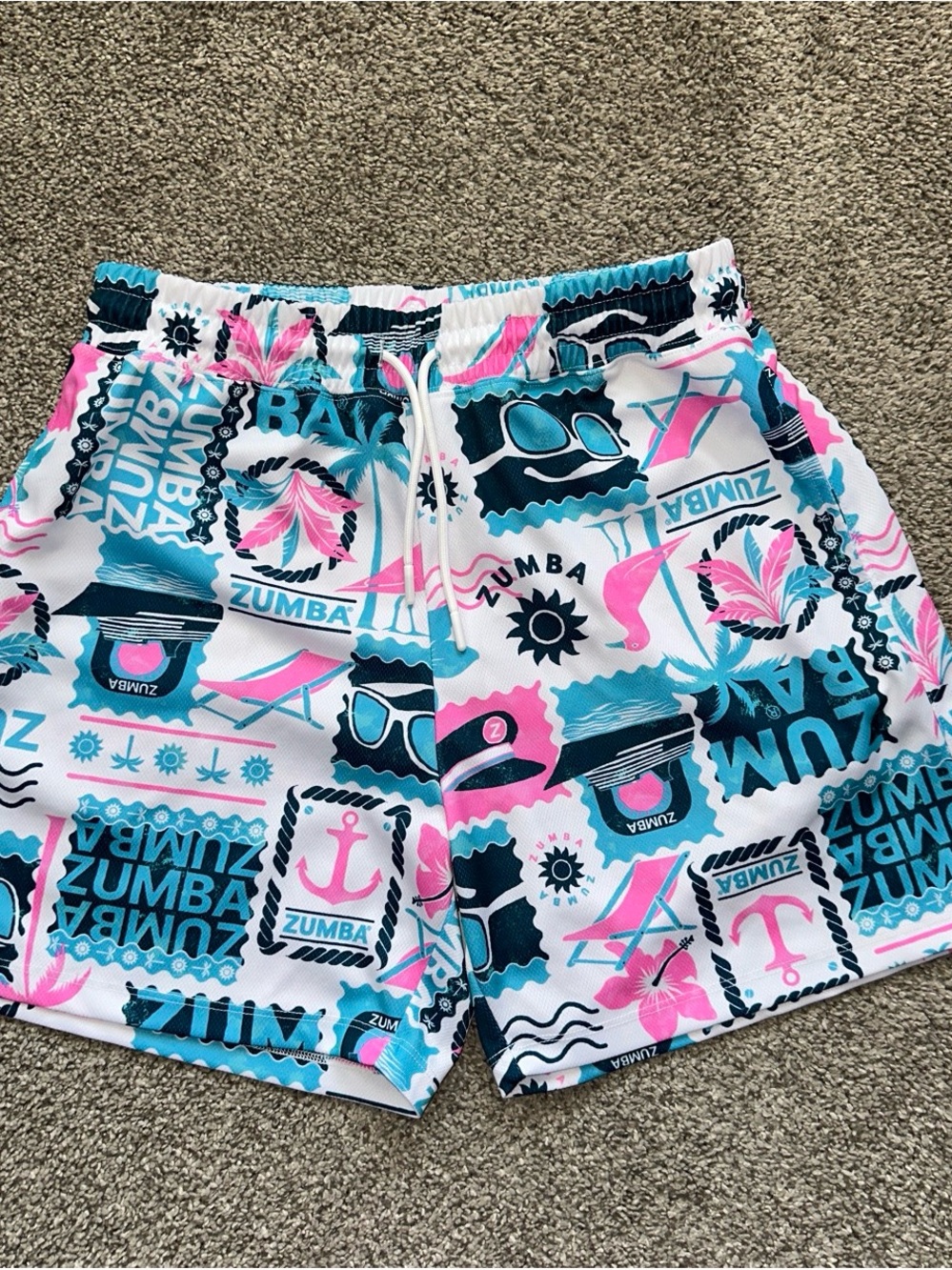 Zumba Fitness White Pink & Teal Graphic Athletic Shorts